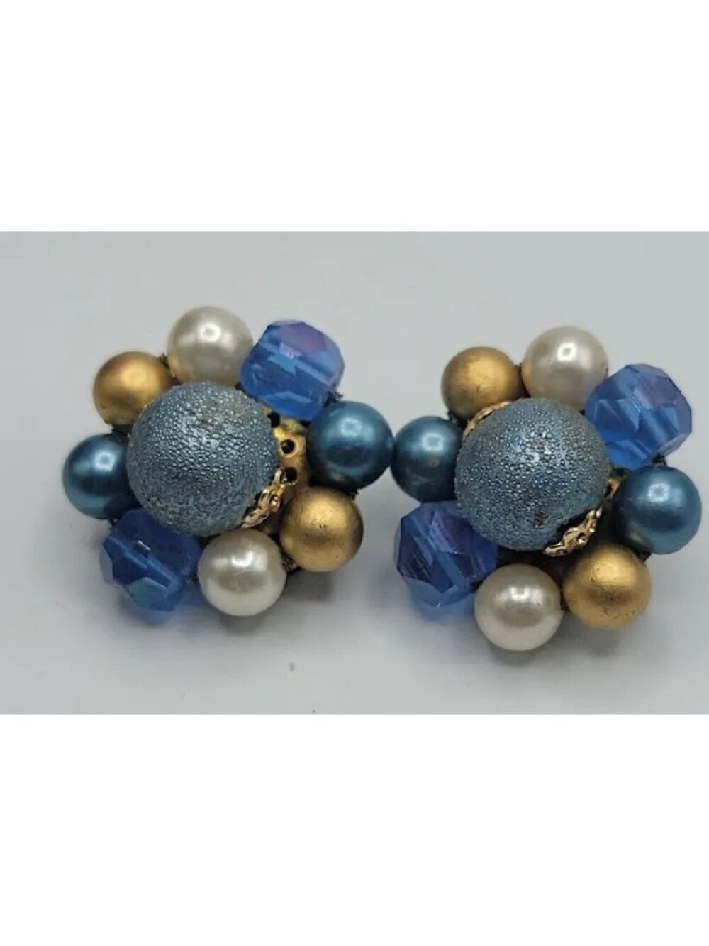 Vintage Cluster Beaded Clip On Earrings Blue Gold White Matte Shiny Beads